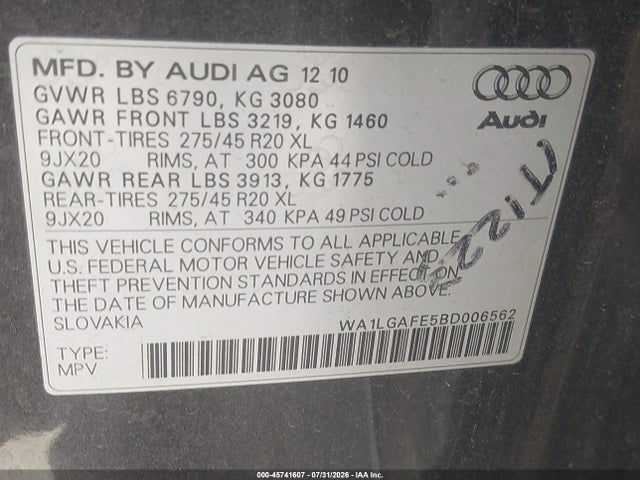 Продажа на аукционе авто 2011 Audi Q7 3.0t Premium, vin: WA1LGAFE5BD006562, номер лота: 45741607