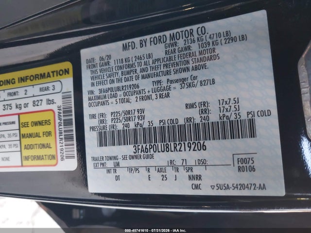 Ford Fusion Hybrid Se 2020 3FA6P0LU8LR219206 Image 9