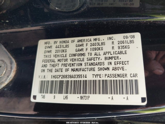 45741613 :رقم المزاد ، 1HGCP26839A035514 vin ، 2009 Honda Accord 2.4 Ex-l مزاد بيع