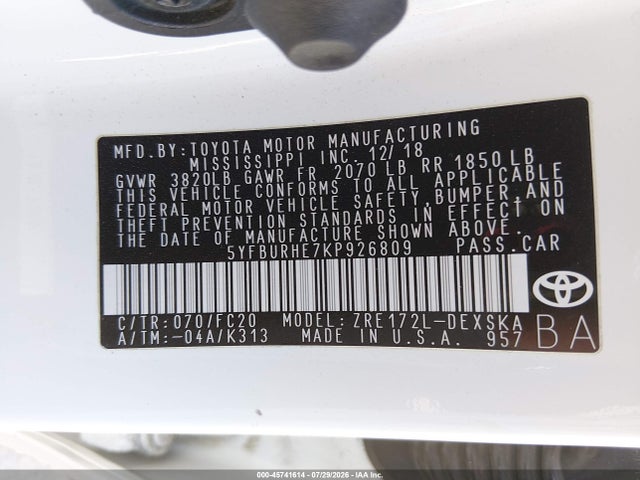 Aukcja sprzedaży 2019 Toyota Corolla Se, vin: 5YFBURHE7KP926809, numer aukcji: 45741614