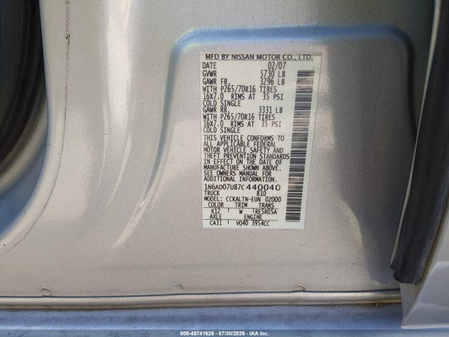 2007 Nissan Frontier Se მანქანა იყიდება აუქციონზე, vin: 1N6AD07U87C440040, აუქციონის ნომერი: 45741626
