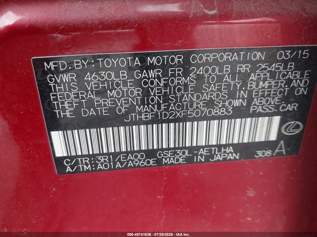 Продажа на аукционе авто 2015 Lexus Is 250, vin: JTHBF1D2XF5070883, номер лота: 45741636
