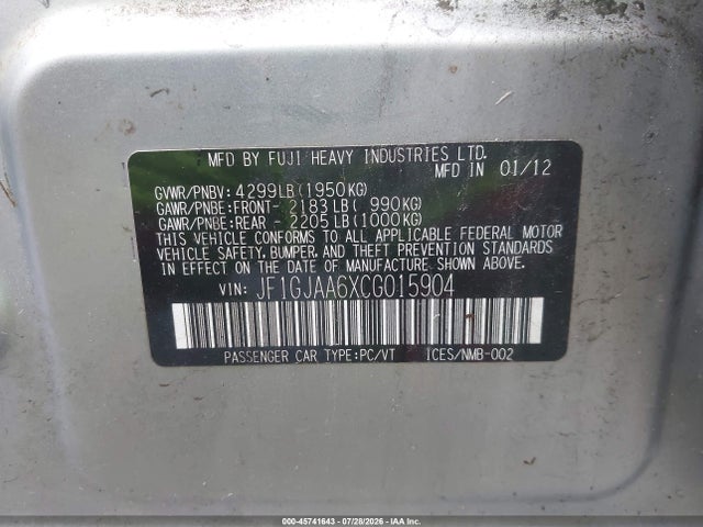 2012 Subaru Impreza 2.0i მანქანა იყიდება აუქციონზე, vin: JF1GJAA6XCG015904, აუქციონის ნომერი: 45741643