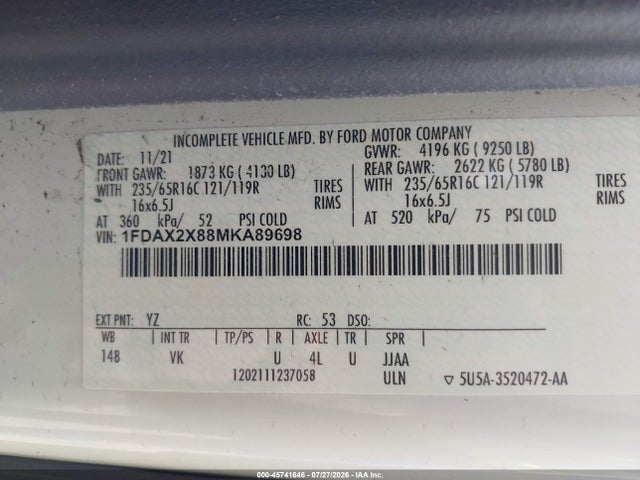 1FDAX2X88MKA89698 Ford Transit-350 Passenger Van Xl