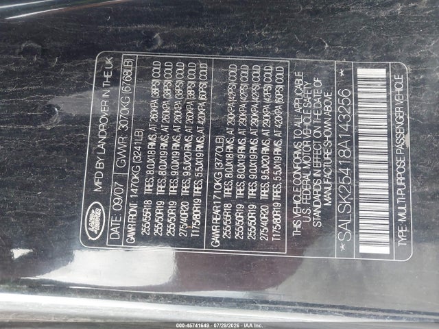 45741649 :رقم المزاد ، SALSK25418A143256 vin ، 2008 Land Rover Range Rover Sport Hse مزاد بيع