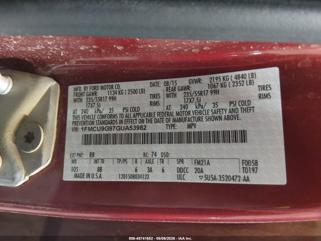 45741652 :رقم المزاد ، 1FMCU9G97GUA53982 vin ، 2016 Ford Escape Se مزاد بيع