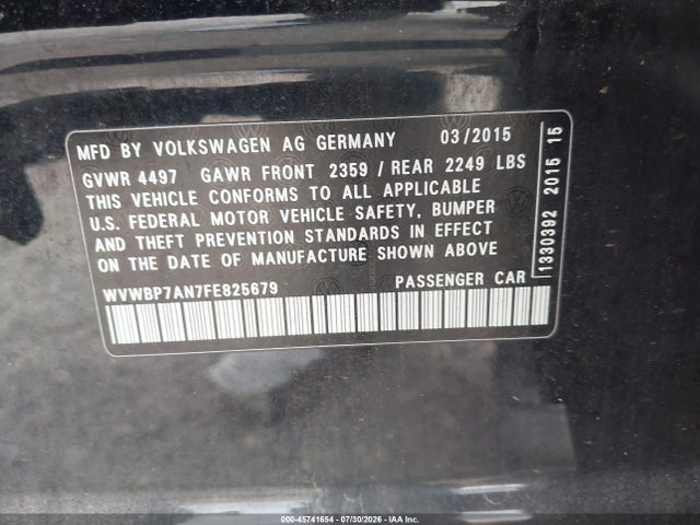2015 Volkswagen Cc 2.0t Sport მანქანა იყიდება აუქციონზე, vin: WVWBP7AN7FE825679, აუქციონის ნომერი: 45741654