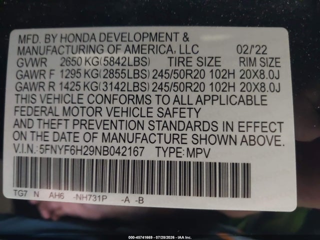 2022 Honda Pilot Awd Special Edition მანქანა იყიდება აუქციონზე, vin: 5FNYF6H29NB042167, აუქციონის ნომერი: 45741669