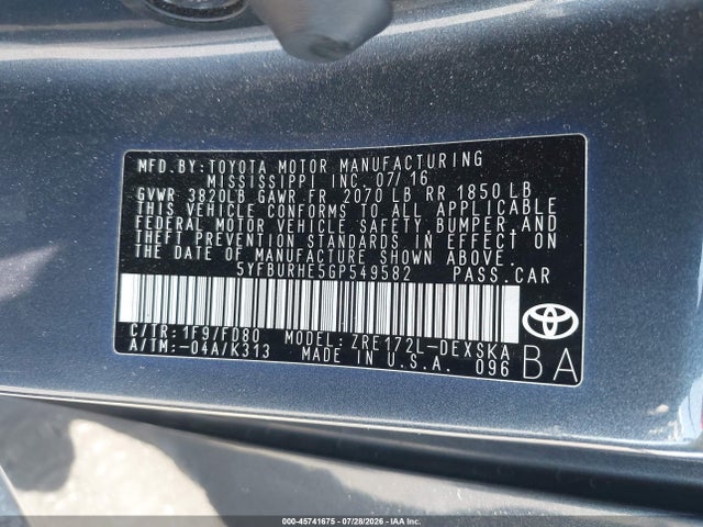 Toyota Corolla S Plus 2016 5YFBURHE5GP549582 Image 9