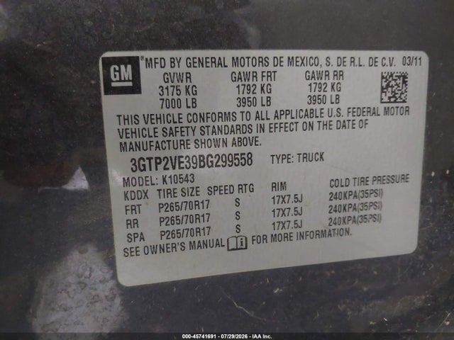 45741691 :رقم المزاد ، 3GTP2VE39BG299558 vin ، 2011 Gmc Sierra 1500 Sle مزاد بيع