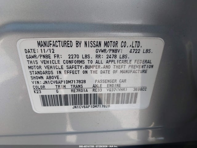 45741709 :رقم المزاد ، JN1CV6AP1DM717828 vin ، 2013 Infiniti G37 Journey مزاد بيع