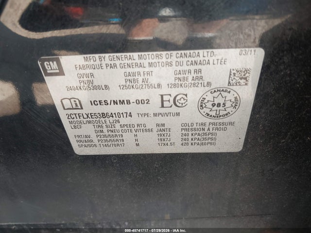 45741717 :رقم المزاد ، 2CTFLXE53B6410174 vin ، 2011 Gmc Terrain Slt-2 مزاد بيع