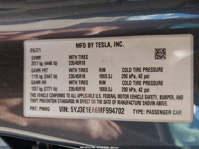 Aukcja sprzedaży 2021 Tesla Model 3 Standard Range Plus Rear-wheel Drive, vin: 5YJ3E1EA6MF994702, numer aukcji: 45741756