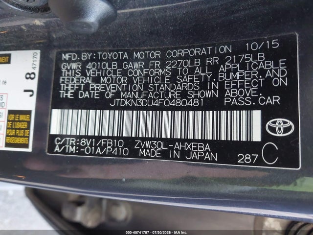 JTDKN3DU4F0480481 Toyota Prius Three