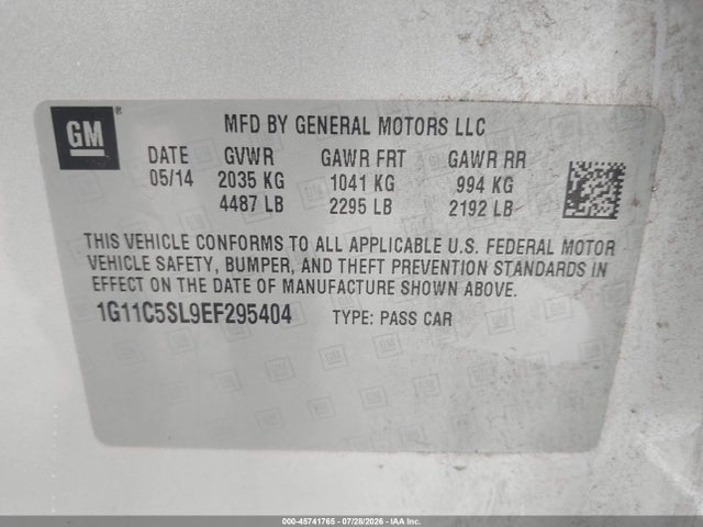 2014 Chevrolet Malibu 1lt მანქანა იყიდება აუქციონზე, vin: 1G11C5SL9EF295404, აუქციონის ნომერი: 45741765