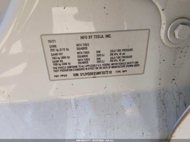 Продажа на аукционе авто 2021 Tesla Model Y Long Range Dual Motor All-wheel Drive, vin: 5YJYGDEE5MF287210, номер лота: 45741777