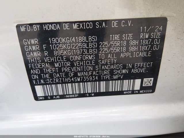 2025 Honda Hr-v 2wd Sport მანქანა იყიდება აუქციონზე, vin: 3CZRZ1H54SM735934, აუქციონის ნომერი: 45741778