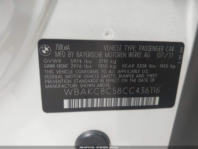 Продажа на аукционе авто 2012 Bmw 750li Xdrive, vin: WBAKC8C58CC436116, номер лота: 45741782
