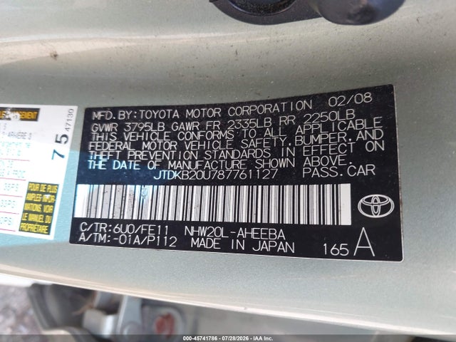 2008 Toyota Prius მანქანა იყიდება აუქციონზე, vin: JTDKB20U787761127, აუქციონის ნომერი: 45741786