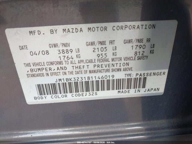 45741787 :رقم المزاد ، JM1BK323181146019 vin ، 2008 Mazda Mazda3 S Grand Touring مزاد بيع