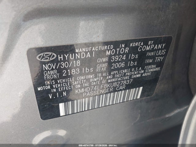 Aukcja sprzedaży 2019 Hyundai Elantra Se, vin: KMHD74LF8KU827837, numer aukcji: 45741789