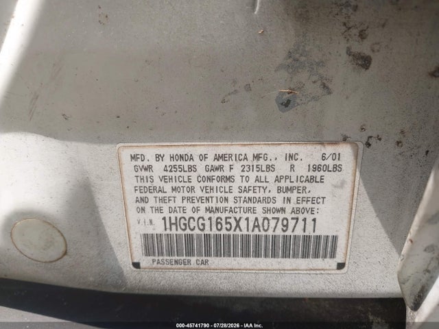 2001 Honda Accord 3.0 Ex მანქანა იყიდება აუქციონზე, vin: 1HGCG165X1A079711, აუქციონის ნომერი: 45741790