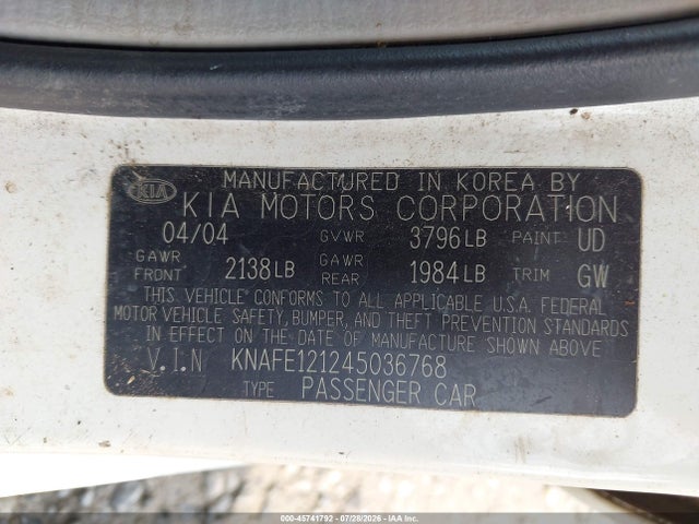 2004 Kia Spectra Ex/lx მანქანა იყიდება აუქციონზე, vin: KNAFE121245036768, აუქციონის ნომერი: 45741792