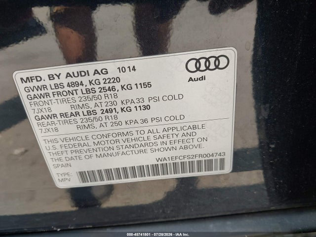 Aukcja sprzedaży 2015 Audi Q3 2.0t Premium Plus, vin: WA1EFCFS2FR004743, numer aukcji: 45741801