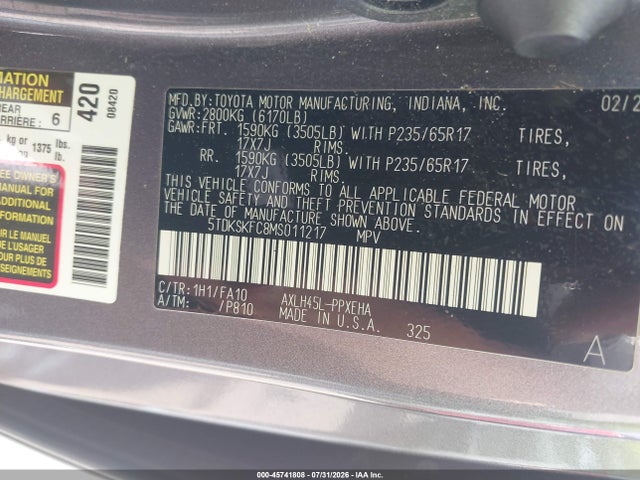 5TDKSKFC8MS011217 Toyota SIENNA LE