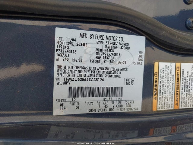 Продажа на аукционе авто 2005 Ford Explorer Xlt/xlt Sport/nbx, vin: 1FMZU63E65ZA38126, номер лота: 45741813