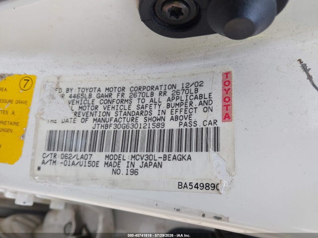 Aukcja sprzedaży 2003 Lexus Es 300, vin: JTHBF30G630121589, numer aukcji: 45741819
