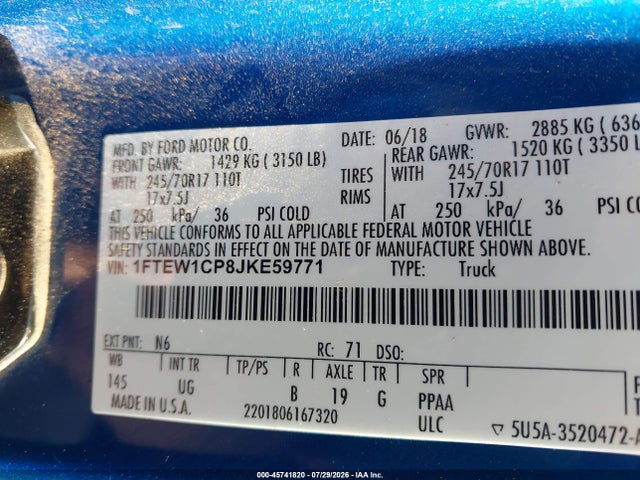 Aukcja sprzedaży 2018 Ford F-150 Xlt, vin: 1FTEW1CP8JKE59771, numer aukcji: 45741820