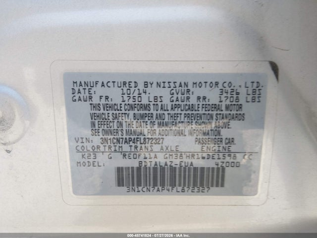 Nissan Versa 1.6 S+ 2015 3N1CN7AP4FL872327 Image 9