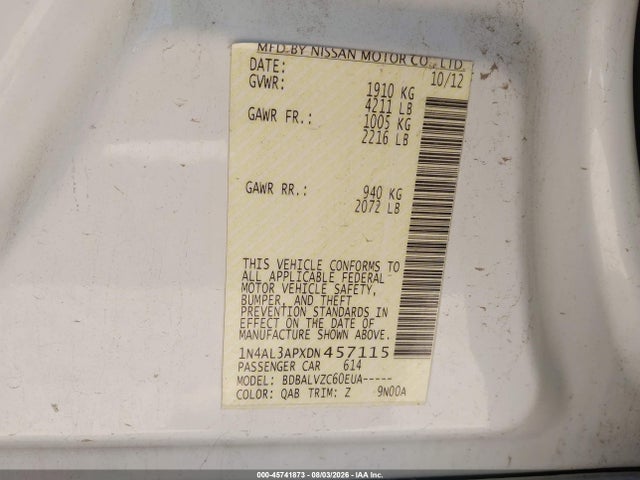Продажа на аукционе авто 2013 Nissan Altima 2.5 Sl, vin: 1N4AL3APXDN457115, номер лота: 45741873