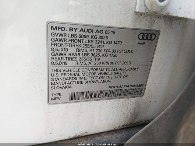 2018 Audi Q7 3.0t Premium მანქანა იყიდება აუქციონზე, vin: WA1LAAF74JD046696, აუქციონის ნომერი: 45741876
