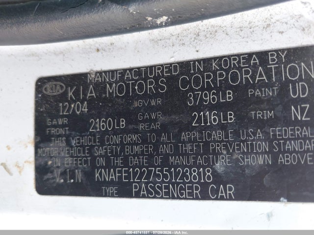 2005 Kia Spectra Ex/lx/sx მანქანა იყიდება აუქციონზე, vin: KNAFE122755123818, აუქციონის ნომერი: 45741881