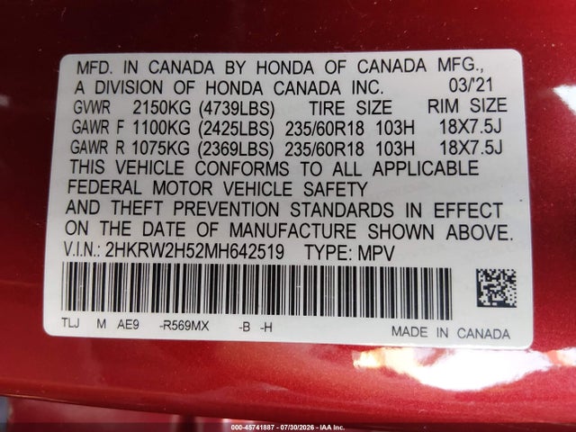 2021 Honda Cr-v Awd Ex მანქანა იყიდება აუქციონზე, vin: 2HKRW2H52MH642519, აუქციონის ნომერი: 45741887