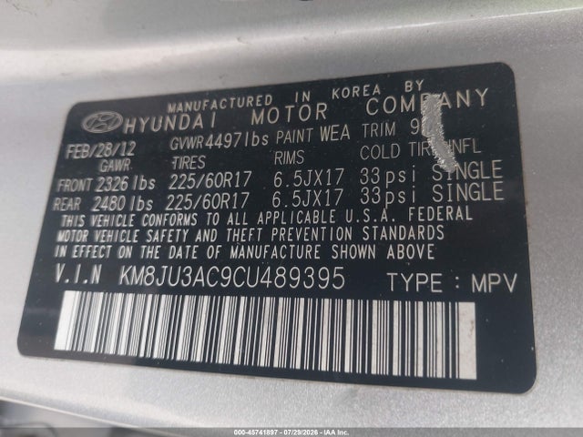 2012 Hyundai Tucson Gls მანქანა იყიდება აუქციონზე, vin: KM8JU3AC9CU489395, აუქციონის ნომერი: 45741897