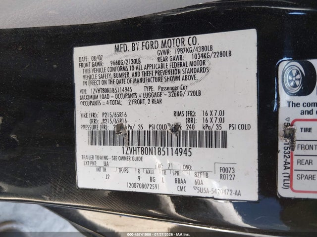 Aukcja sprzedaży 2008 Ford Mustang V6 Deluxe/v6 Premium, vin: 1ZVHT80N185114945, numer aukcji: 45741908