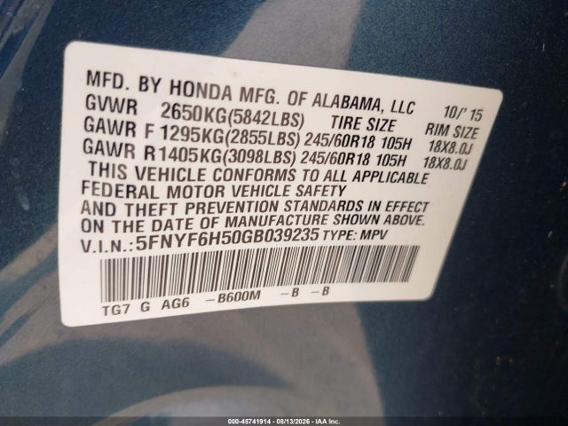 5FNYF6H50GB039235 Honda Pilot Ex-l