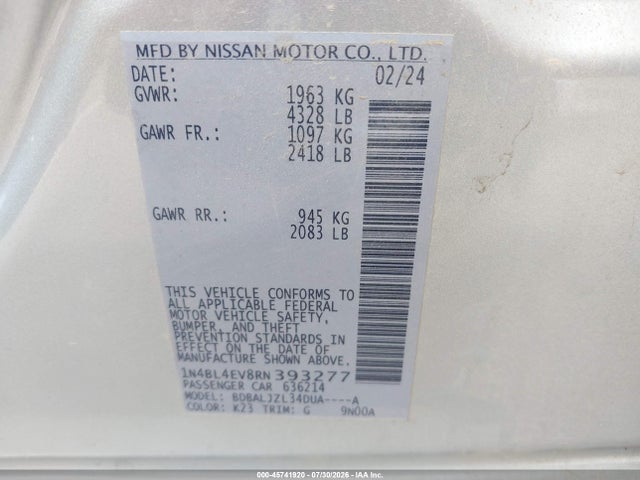 Продажа на аукционе авто 2024 Nissan Altima Sl Fwd, vin: 1N4BL4EV8RN393277, номер лота: 45741920