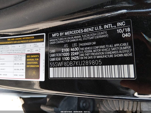 2019 Mercedes-benz C 300 მანქანა იყიდება აუქციონზე, vin: 55SWF8DB7KU289805, აუქციონის ნომერი: 45741938