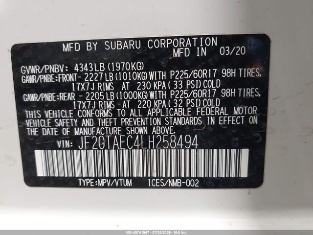Aukcja sprzedaży 2020 Subaru Crosstrek Premium, vin: JF2GTAEC4LH258494, numer aukcji: 45741947