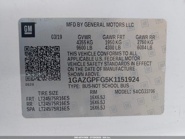 Продажа на аукционе авто 2019 Chevrolet Express 3500 Lt, vin: 1GAZGPFG5K1151924, номер лота: 45741956