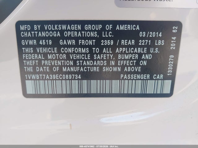 1VWBT7A39EC089734 Volkswagen Passat 1.8t Se