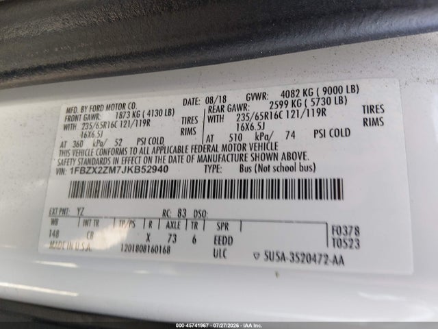 1FBZX2ZM7JKB52940 Ford Transit-350 Xl