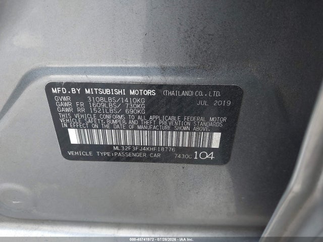 Aukcja sprzedaży 2019 Mitsubishi Mirage G4 Es, vin: ML32F3FJ4KHF18776, numer aukcji: 45741972
