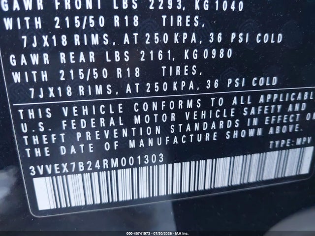 45741973 :رقم المزاد ، 3VVEX7B24RM001303 vin ، 2024 Volkswagen Taos 1.5t Se مزاد بيع