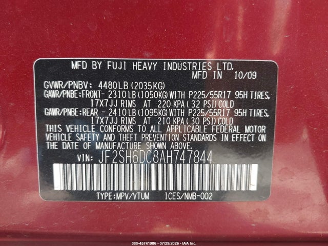 2010 Subaru Forester 2.5x Limited მანქანა იყიდება აუქციონზე, vin: JF2SH6DC8AH747844, აუქციონის ნომერი: 45741986