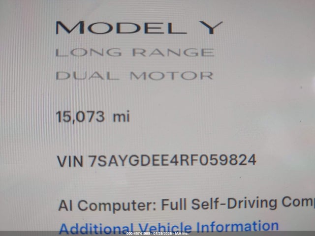 Aukcja sprzedaży 2024 Tesla Model Y Long Range Dual Motor All-wheel Drive, vin: 7SAYGDEE4RF059824, numer aukcji: 45741989